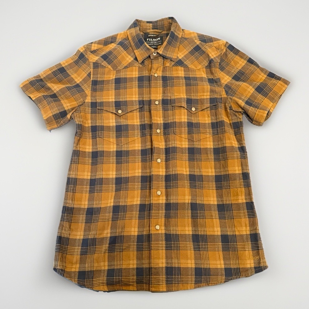 Filson Shirt Mens Small Brown Navy Blue Plaid Pearl Snap Western Trim Fit Cotton